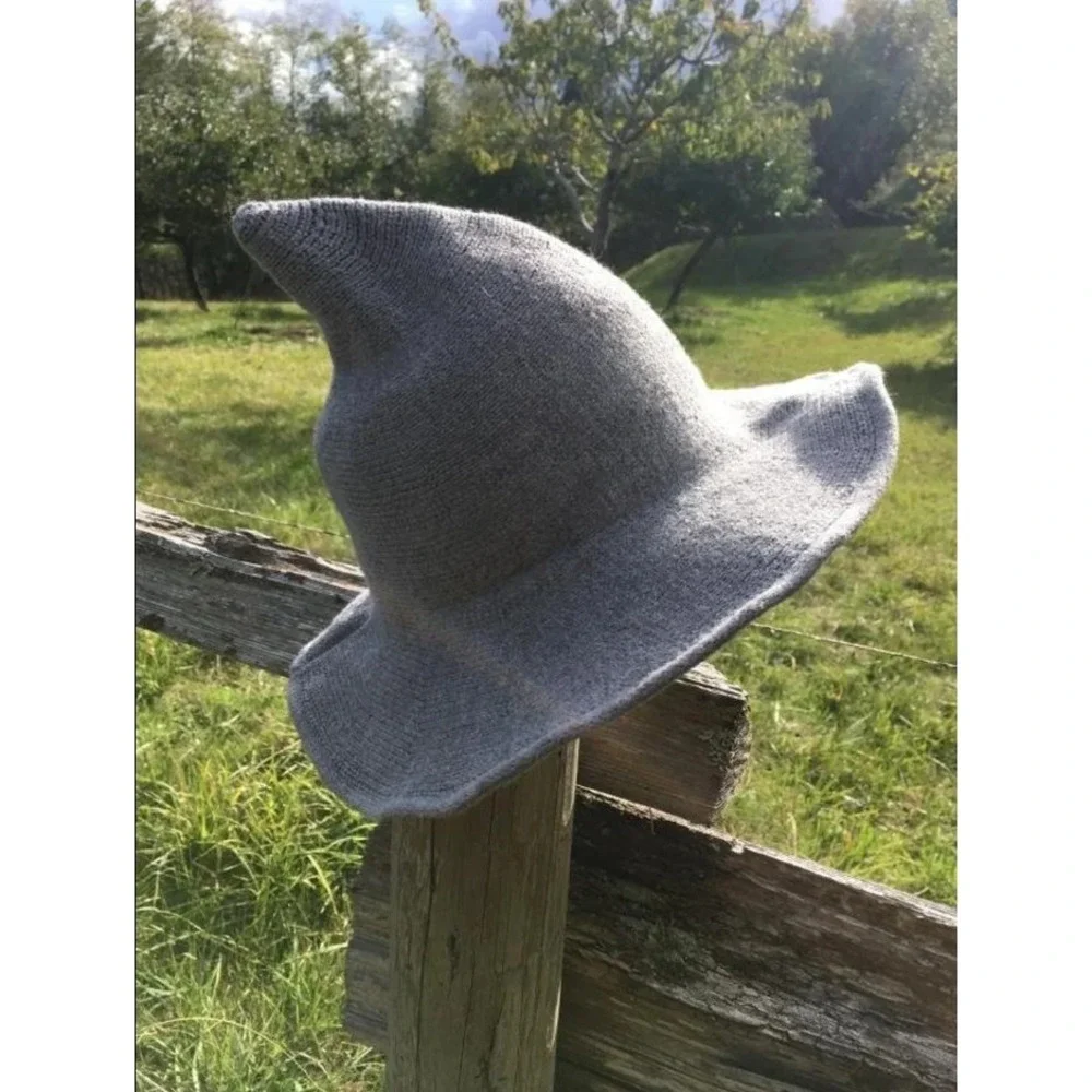 Knit Witch Wizard Hat Wired Brim Foldable‎ Grey Costume Halloween Cosplay